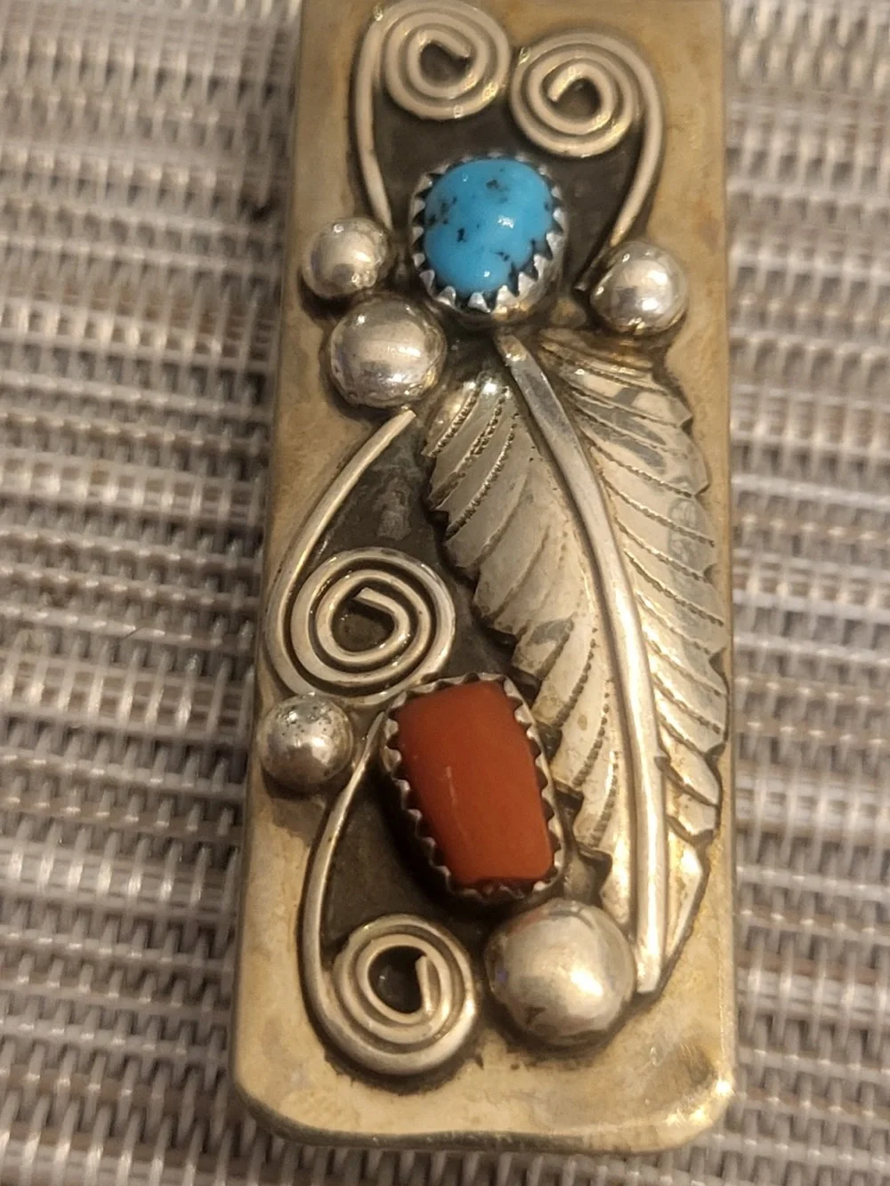 Handcrafted Sterling Silver Feather $ Clip Turquoise and Coral Stones